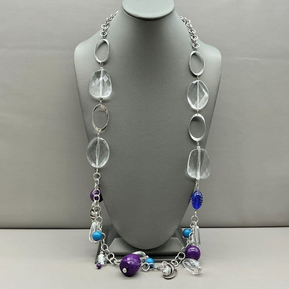Chico's‎ Necklace Silver Tone Clear Bead Charm Statement Purple Blue 26-28"